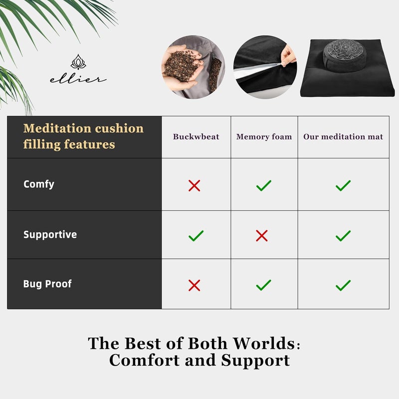 ellier Zafu & Zabuton Meditation Cushion Set - Buckwheat Hull & Memory Foam Pillows, Ergonomic Support for Yoga, Mindfulness - Organic Velvet Cover, Large Size, Durable Comfort (Black) - Image 3